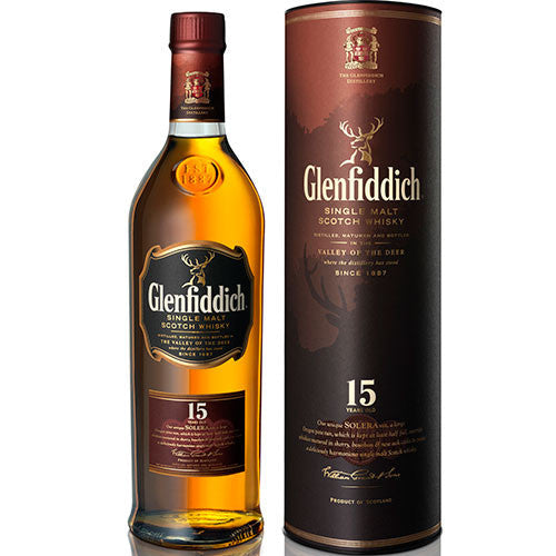 – 750mL Single Malt Spirits and Scotch Crown Wine Whisky Year 15 Glenfiddich